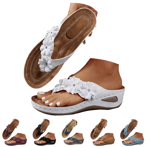 Stylago Orthopedic Wedge Sandals for Women Flower Dressy Flip Flops Summer Arch Support Slide Shoes Outdoor Walking Slippers Size 6 Black