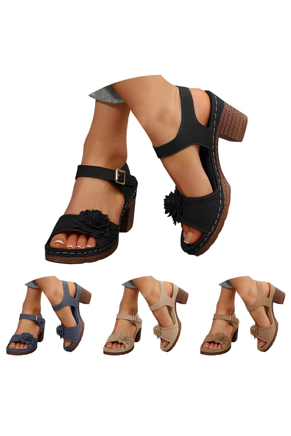 Platform Heel Sandals for Women Low Block Flower Dressy Shoes Open Toe Ladies Work Sandal with Arch Support Black Size 6