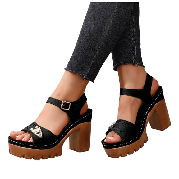 Stylago Platform Heel Sandals for Women Summer Open Toe Chunky Heeled Dressy Shoes Non Slip Summer Party Sandal for Vacation Black Size 7