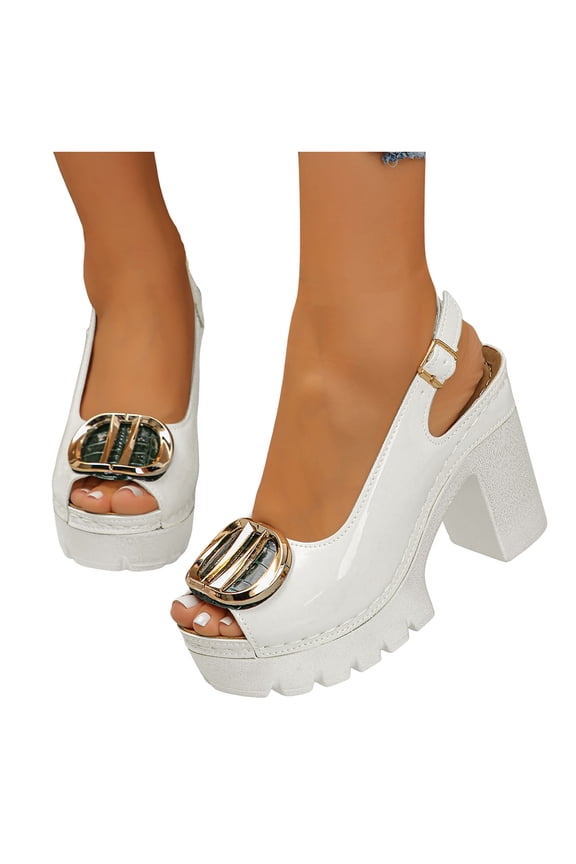Platform Heels for Women Open Toe Leather Dress Sandals Slingback Chunky Heeled Pumps Ladies Summer Vacation Shoes White Size 7.5