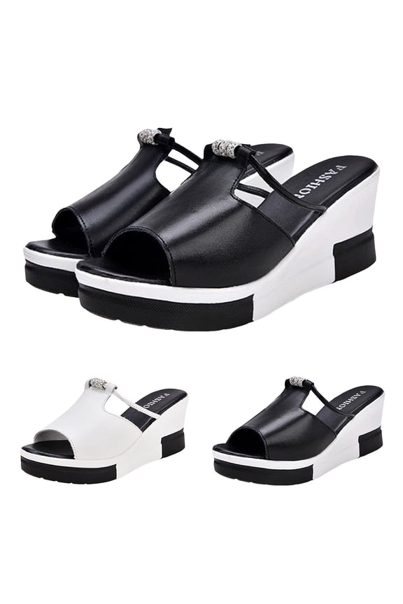 Platform Wedge Sandals with Arch Support Summer Leather Comfortable Beach Slippers Ladies Slip on Low Wedges Slides Black Size 7