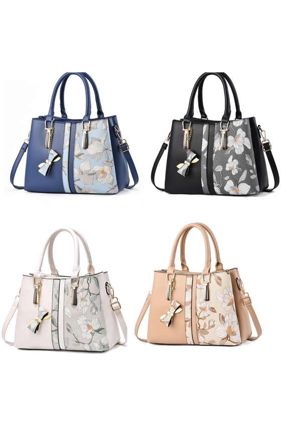 Purses and Handbags with Bow Pendant for Women Flower Print Tote Bags Multiple Zipper Crossbody Shoulder Bag Black