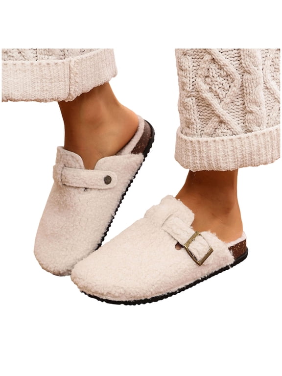 Slip on Footbed Clogs for Women Fall Winter Slide Shoes Arch Support Fleece Slippers Trendy Buckles Outdoor Mules Size 7