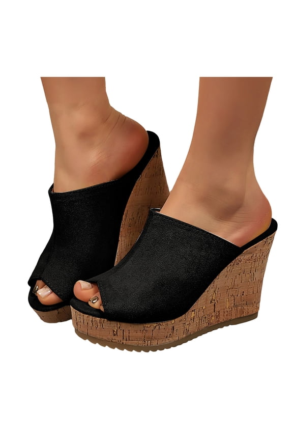 Slip on Wedge Sandals for Women Wooden Heel Dress Shoes Open Toe High Top Casual Slides Ladies Outdoor Vacation Shoe Size 7 Black