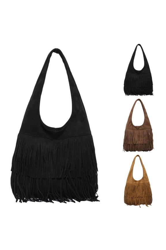 Slouchy Suede Shoulder Bags with Tassel Womens Underarm Tote Bag Work Purses Ladies Travel Handbag for Winter Fall Black
