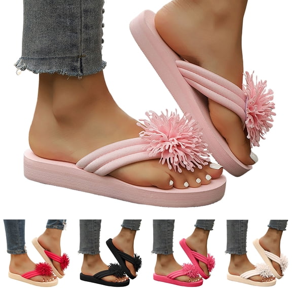 Stylago Summer Flat Flip Flops for Women Tassel Flower Dressy Sandals Comfortable Walking Slide Indoor Beach Shoes for Vacation Beige Size 8.5