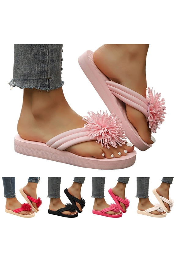 Summer Flat Flip Flops for Women Tassel Flower Dressy Sandals Comfortable Walking Slide Indoor Beach Shoes for Vacation Beige Size 8.5