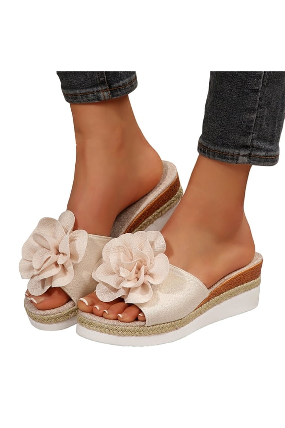 Summer Flower Wedge Slippers for Women Espadrilles Platform Dress Slide Shoes Ladies Open Toe Slip on Sandals Size 6 White