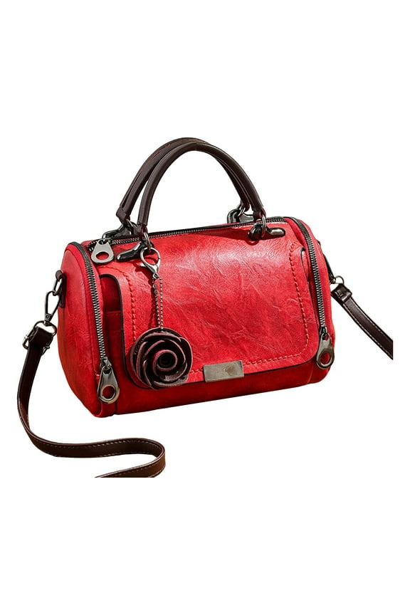 Top Handle Satchel for Women Flower Pendant Retro Leather Crossbody Shoulder Bags Zipper Tote Travel Handbags Red