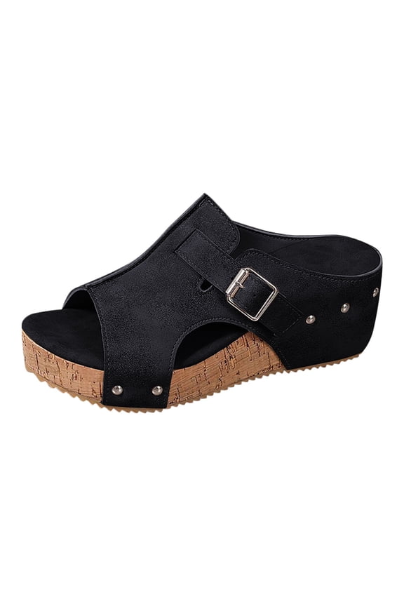 Wedge Sandals for Women Wooden Footbed Open Toe Slip on Slides Suede High Top Wedges Heel Sandal for Vacation Black Size 8.5