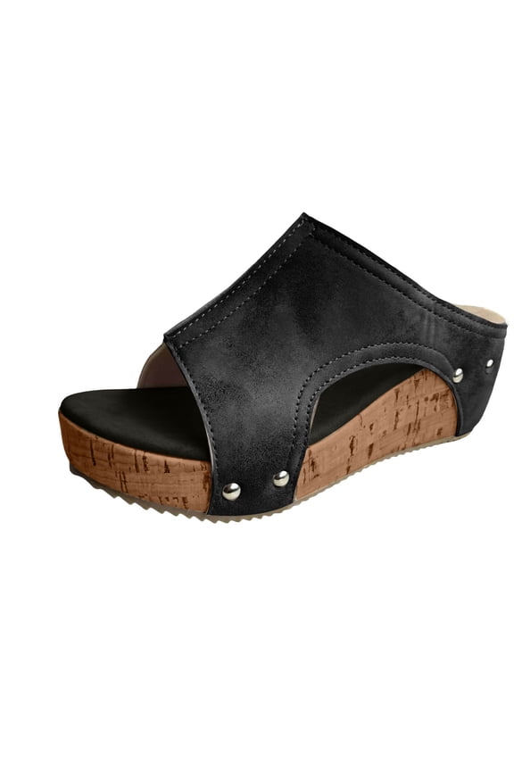 Wedge Slide Sandals with Wooden Footbed Slip on Summer Slides Outdoor Arch Support High Top Wedges Slippers Black Size 8.5