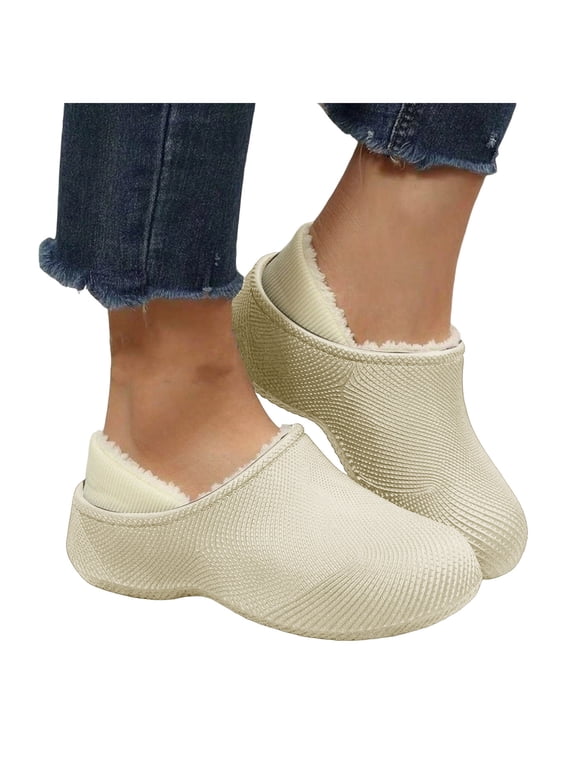 Winter Clogs Shoes for Women Furry Lined Warm Slip on Indoor Outdoor Slippers Arch Support Clod Weather Work Shoe