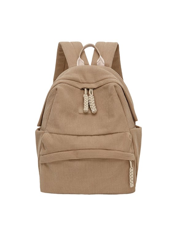 Women Casual Backpack Medium Size Back Pocket Versatile Schoolbag College Travel Work Top Handle Corduroy Bookpack Brown
