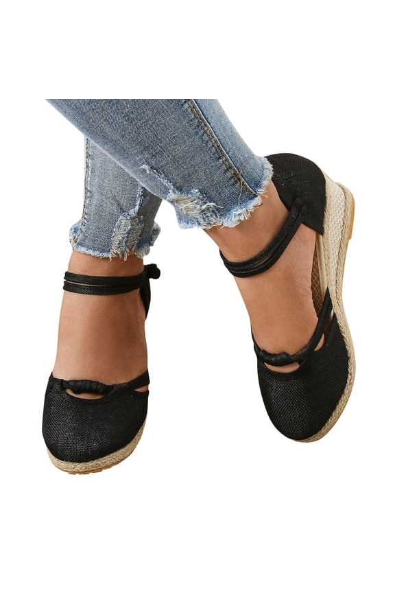 Women Closed Toe Espadrilles Wedge Sandals Arch Support Casual Beach Shoes Ankle Strap Summer Wedges Sandal Size 7 Black