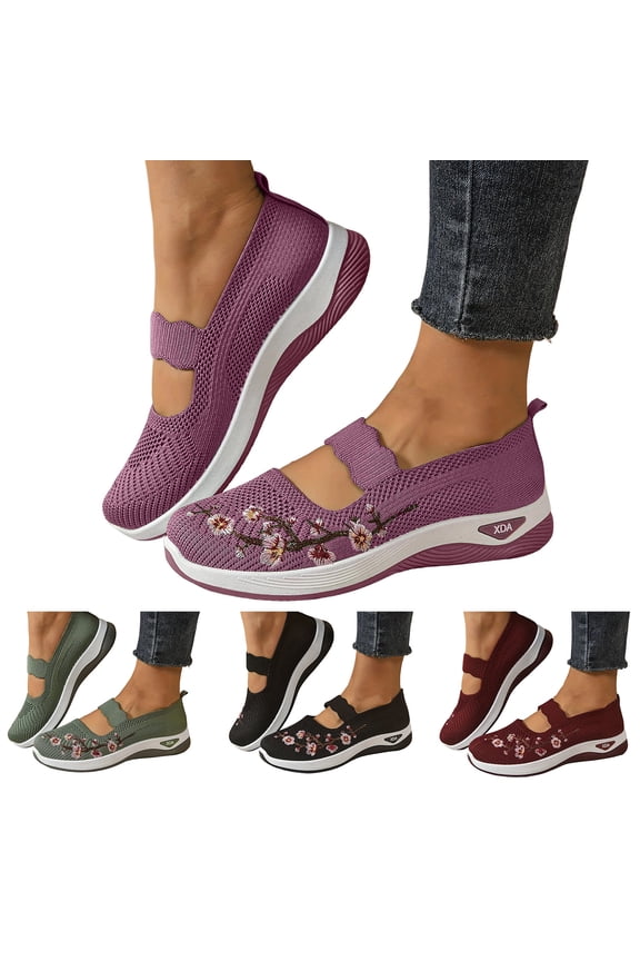 Women Flat Shoes with Embroidery Floral Low Wedge Walking Casual Sneakers Elderly Summer Mesh Workout Slide Shoe Black Size 6.5