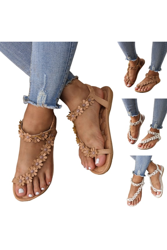 Women Floral Falt Sandasl Toe Ring Dressy Summer Shoes Arch Support Outdoor Casual Beach Slides for Vacation Brown Size 7