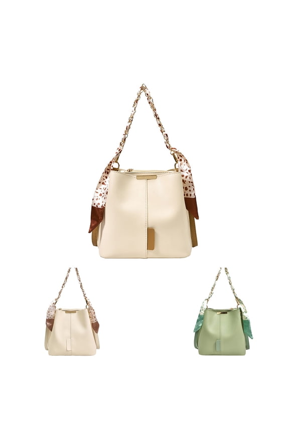 Women Leather Bucket Tote Bags with Ribbon Fashion Shoulder Purses Versatile Crossbody Bags Ladies Zipper Handbag Beige