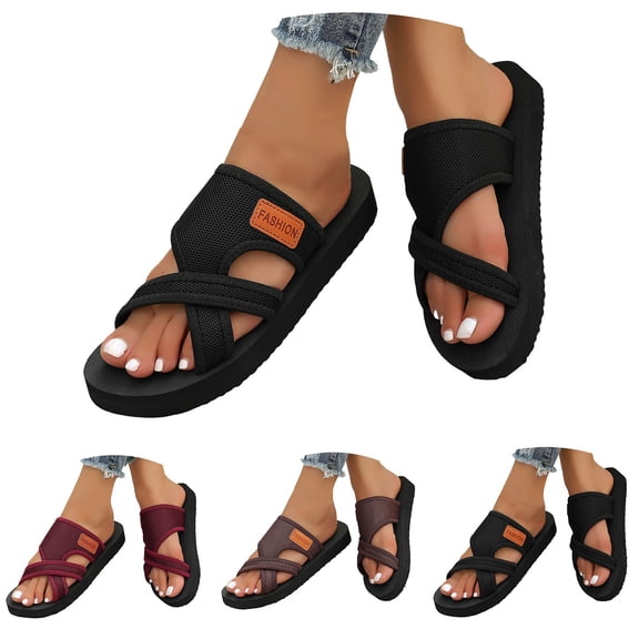 Stylago Women Men Mesh Slippers Toe Ring Flat Sandals Slip on Summer Outdoor Casual Slide Shoes Wide Width Comfortable Sandal Black Size 7.5
