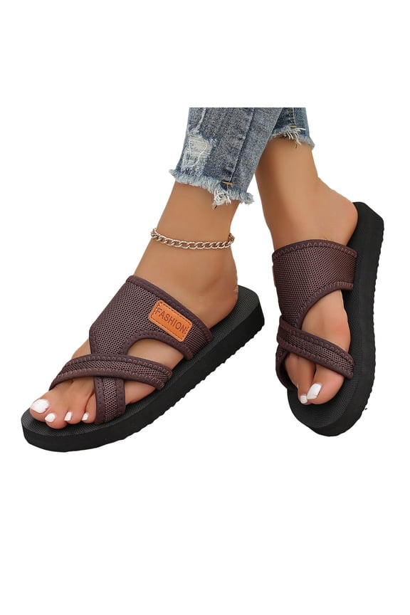 Women Men Mesh Slippers Toe Ring Flat Sandals Slip on Summer Outdoor Casual Slide Shoes Wide Width Comfortable Sandal Brown Size 6.5