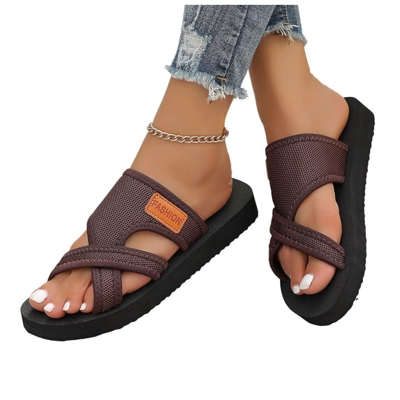 Stylago Women Men Mesh Slippers Toe Ring Flat Sandals Slip on Summer Outdoor Casual Slide Shoes Wide Width Comfortable Sandal Brown Size 7.5