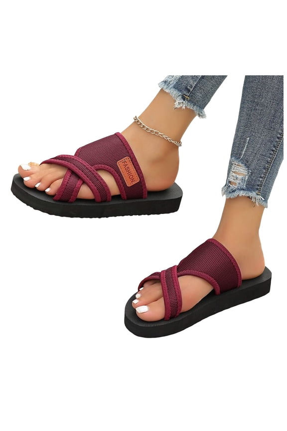 Women Men Mesh Slippers Toe Ring Flat Sandals Slip on Summer Outdoor Casual Slide Shoes Wide Width Comfortable Sandal Red Size 6.5
