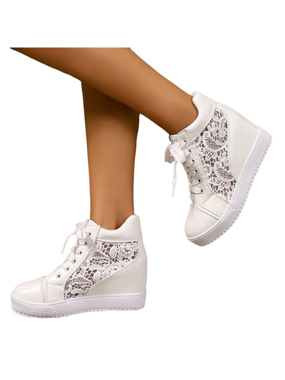 Women Platform Wedge Shoes Lace Mesh Lace Up Sneakers Non Slip High Wedges Shoe College Students Walking Casual Sneaker White Size 8.5