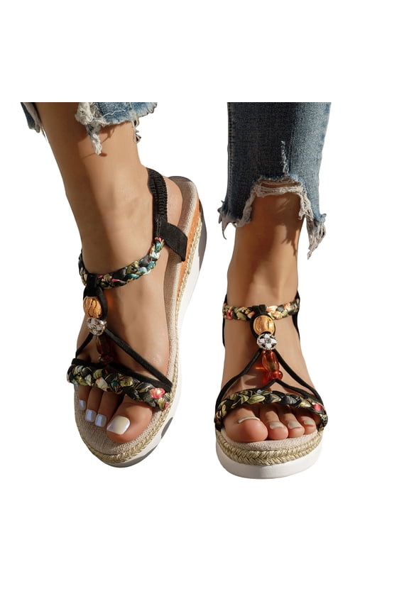 Women Wedge Sandals Woven Strappy Dressy Beach Shoes Summer Outdoor Comfortable Walking Slide Sandal Black Size 6