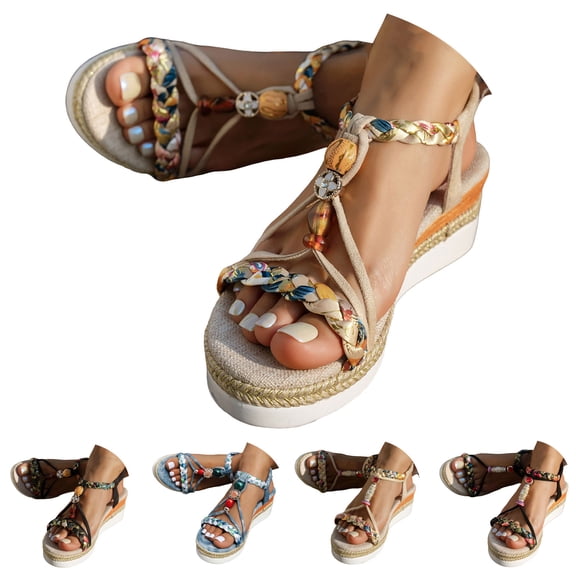 Stylago Women Wedge Sandals Woven Strappy Dressy Beach Shoes Summer Outdoor Comfortable Walking Slide Sandal Blue Size 9