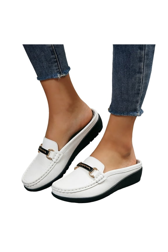 Women's Arch Support Mules Comfortable Leather Wedge Slide Shoes Summer Flat Buckles Backless Loafers Business Shoe White Size 7