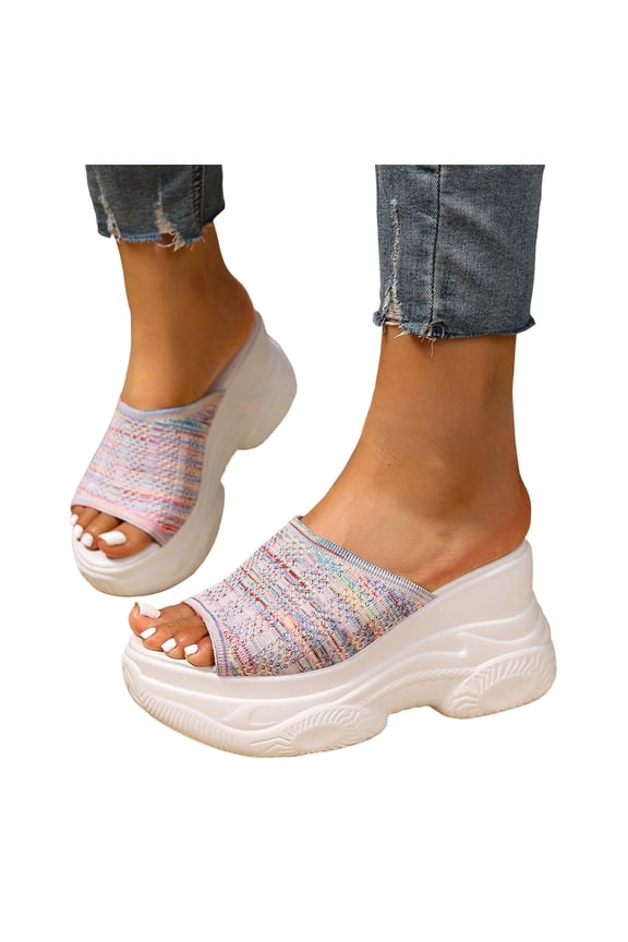 Women's Chunky Platform Wedge Slides with Arch Support Open Toe Knitted Upper Casual Sandals High Top Summer Shoes Size 6 White
