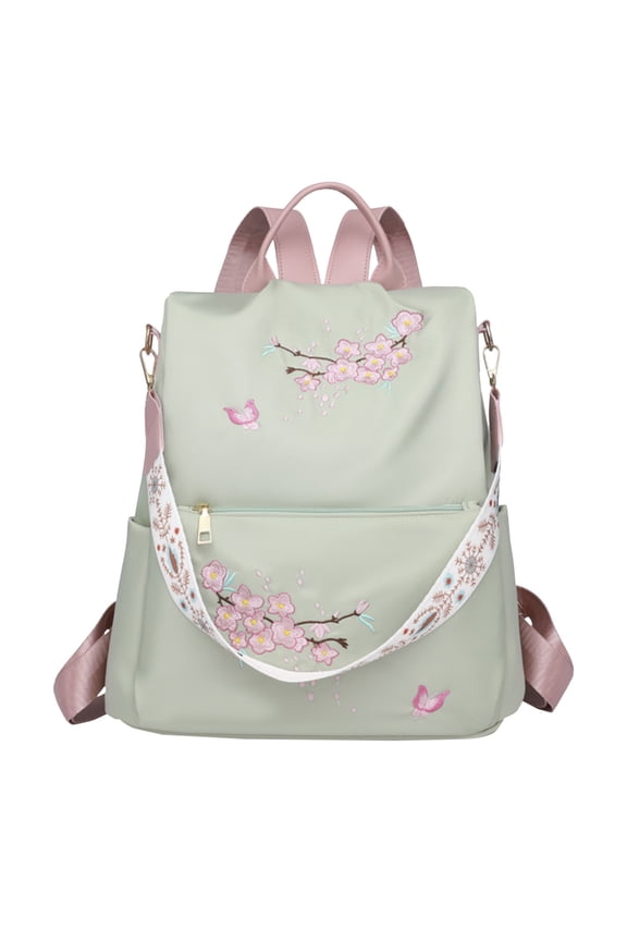 Women's Fashion Backpack with Embroidery Flower Students Schoolbag Zipper Daypack Detachable Strap Crossbody Bags Green