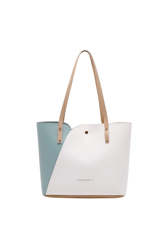 Women's Leather Tote Bags Color Blocking Button Shoulder Purse Ladies Large Capacity Underarm Handbags for Everyday White