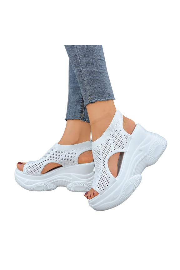Women's Mesh Walking Sandals Platform Wedge Shoes Open Toe Slingback Sports Slide Shoe Memory Foam Arch Support Sandal White Size 6