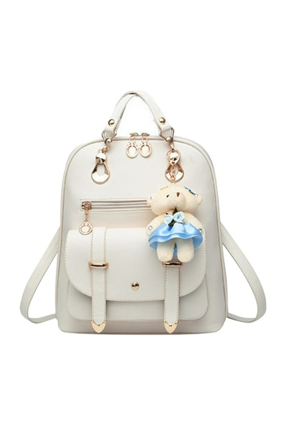 Women's Mini Backpack Purse with Bear Pendant Leather Travel Daypack College Students Multiple Pockets Schoolbag White
