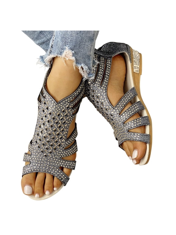 Women's Rhinestone Wedge Sandals with Back Zipper Sparkly Summer Wedding Shoes Low Heel Travel Sandal for Ladies Black Size 6.5