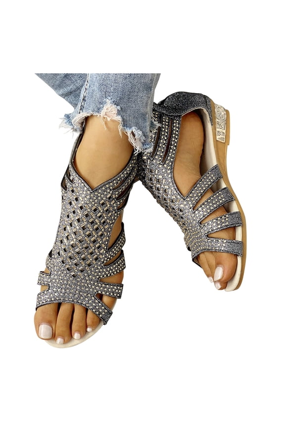 Women's Rhinestone Wedge Sandals with Back Zipper Sparkly Summer Wedding Shoes Low Heel Travel Sandal for Ladies Black Size 7