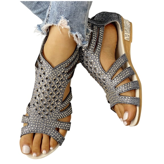 Stylago Women's Rhinestone Wedge Sandals with Back Zipper Sparkly Summer Wedding Shoes Low Heel Travel Sandal for Ladies Black Size 9