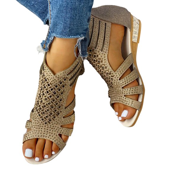 Stylago Women's Rhinestone Wedge Sandals with Back Zipper Sparkly Summer Wedding Shoes Low Heel Travel Sandal for Ladies Gold Size 7.5
