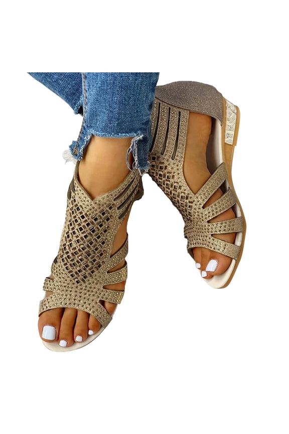 Women's Rhinestone Wedge Sandals with Back Zipper Sparkly Summer Wedding Shoes Low Heel Travel Sandal for Ladies Gold Size 7.5