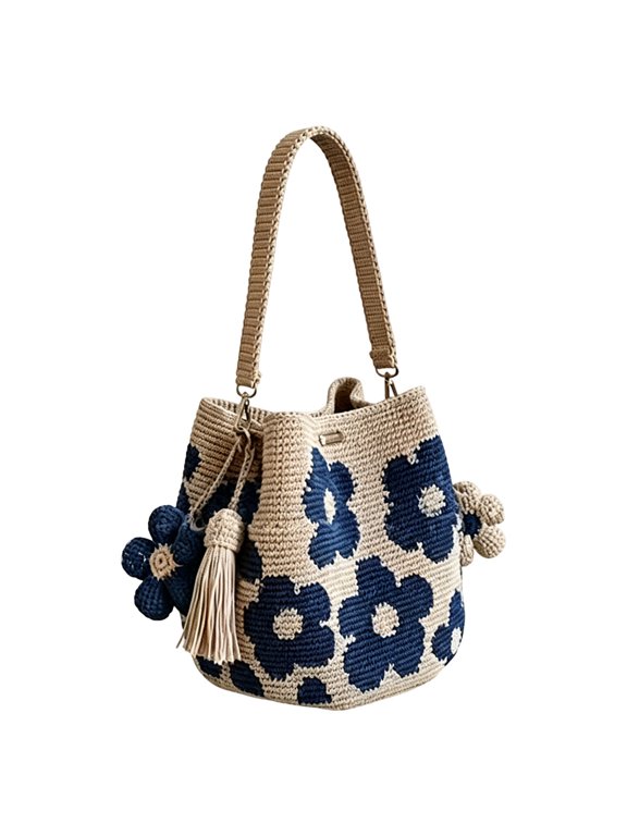 Women's Shoulder Bags Boho Flower Crochet Beach Purses 2026 Summer Work Travel Handbags with Tassel Pendants Blue