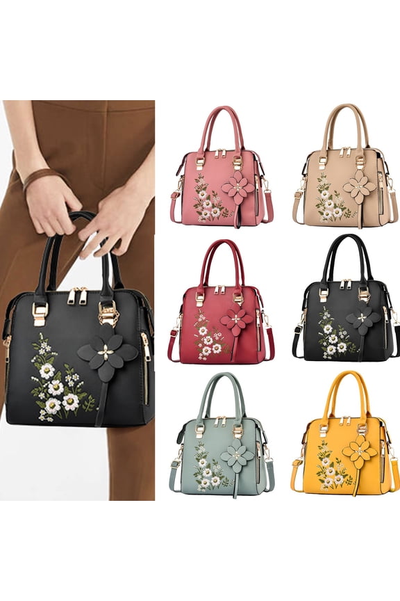Women's Top Handle Purses with Embroidery Flower Leather Handbags Zipper Crossbody Shoulder Bags Ladies Work Tote Green