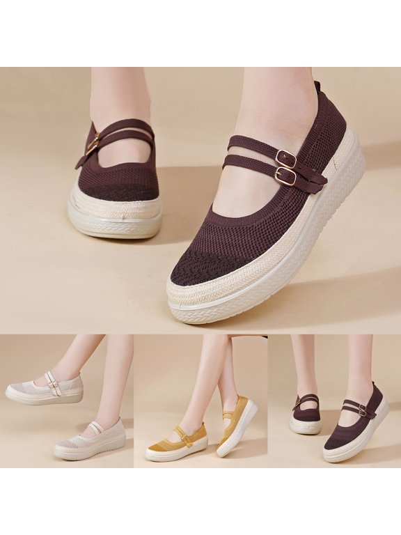 Women's Walking Shoes Mary Jane Falt Shoe with Double Buckles Strap Ladies Breathable Casual Sandals for Elderly Coffee Size 6.5
