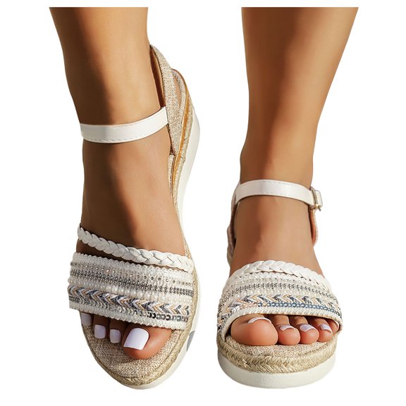 Stylago Women's Wedge Sandals Summer Outdoor Beach Shoes Espadrilles Slip on Walking Sandal with Elastic Ankle Strap White Size 7