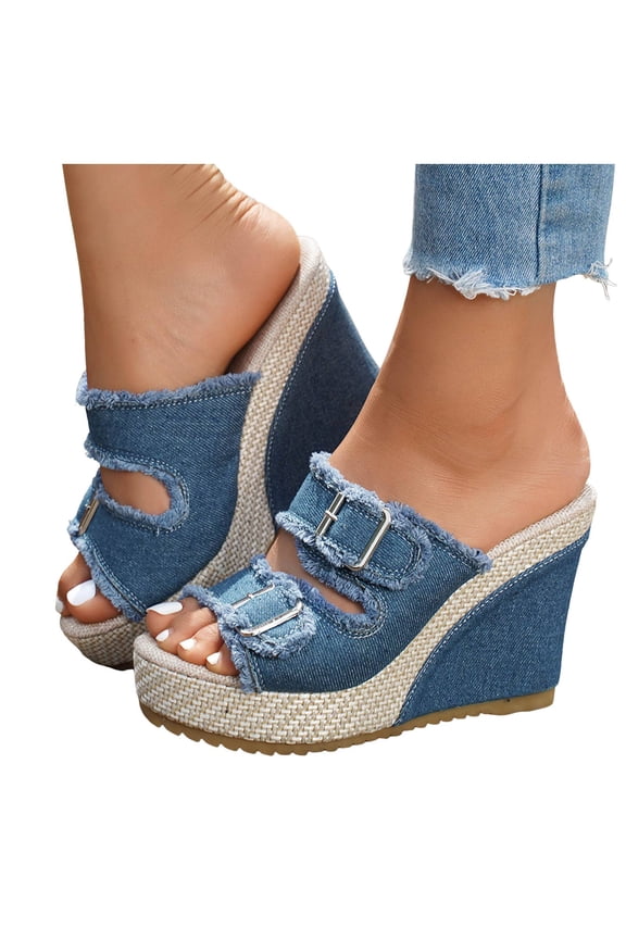 Women's Wedge Sandals with Arch Support Platform Slip on Slides Open Toe High Top Slippers Ladies Casual Slide Shoes Blue Size 6.5