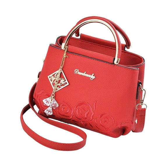 Stylago Womens Handbags Purses Embroidery Top Handle Tote Bags Crystal Pendant Crossbody Shoulder Bags for Ladies Work Red