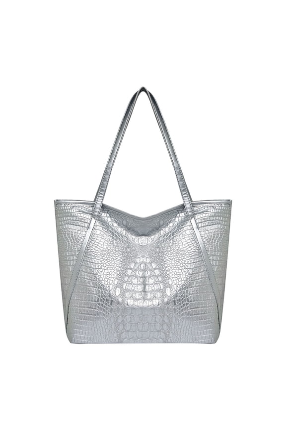 Womens Large Tote Bags with Internal Pocket Fashion Leather Shoulder Purse Zipper Handbags for Ladies Vacation Travel Silver