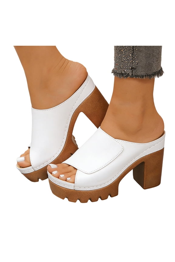 Womens Open Toe Heels Slip on Platform Slides Chunky Heeled Dressy Sandals Outdoor Slide Shoes Ladies Summer Pumps White Size 6.5