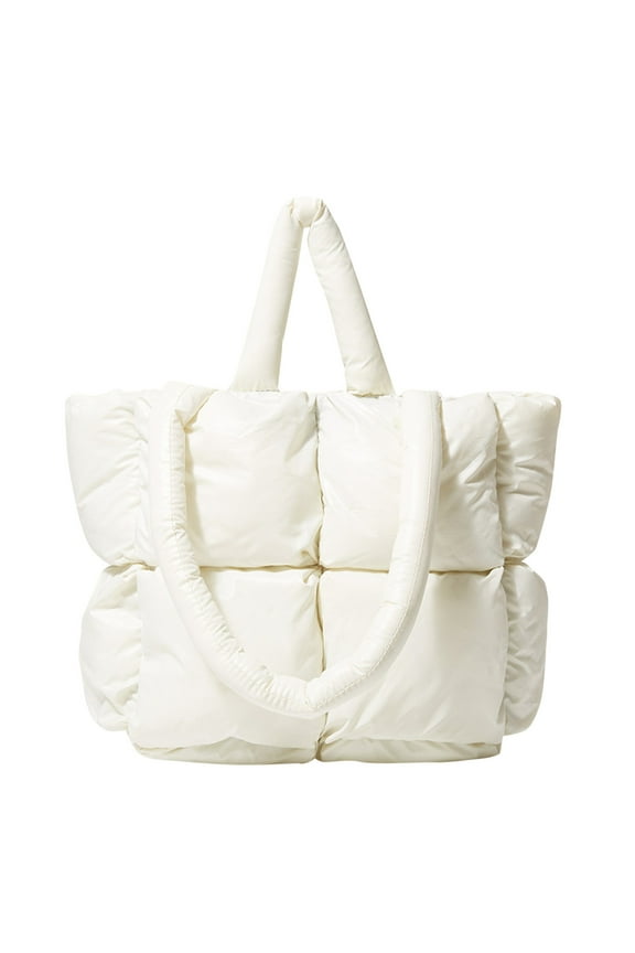 Womens Puffy Tote Handbags Winter Quilted Lightweight Zipper Shoulder Bags Soft Underarm Purse for Shopping Travel White