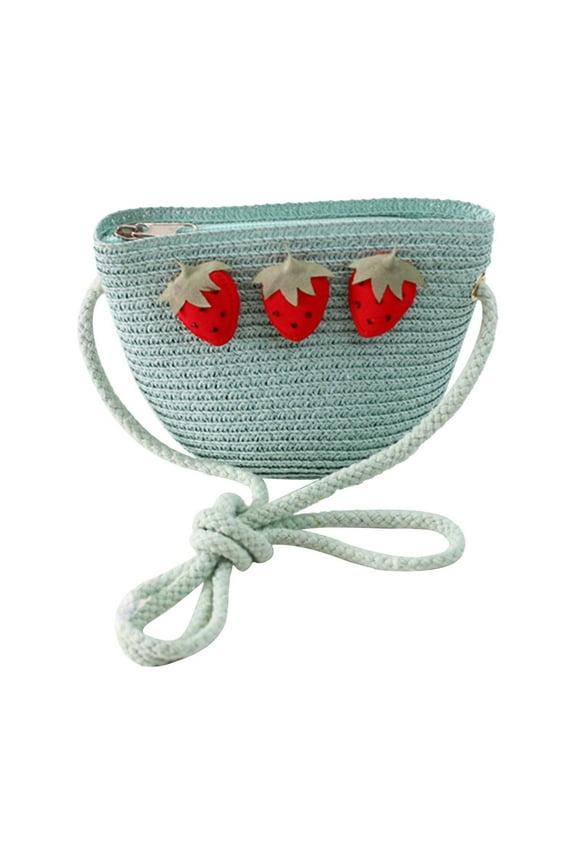 Womens Straw Beach Bag Cute Strawberry Woven Zipper Crossbody Shoulder Bags Mini Handbag Purse for Summer Vacation Blue