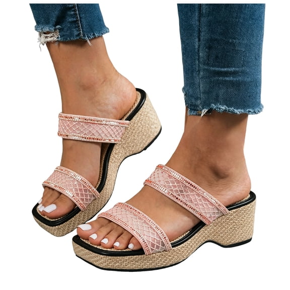 Stylago Womens Tow Strap Wedge Slide Sandals Square Toe Dressy Slippers Trendy Summer Low Top Shoes for Ladies Travel Size 7 Pink
